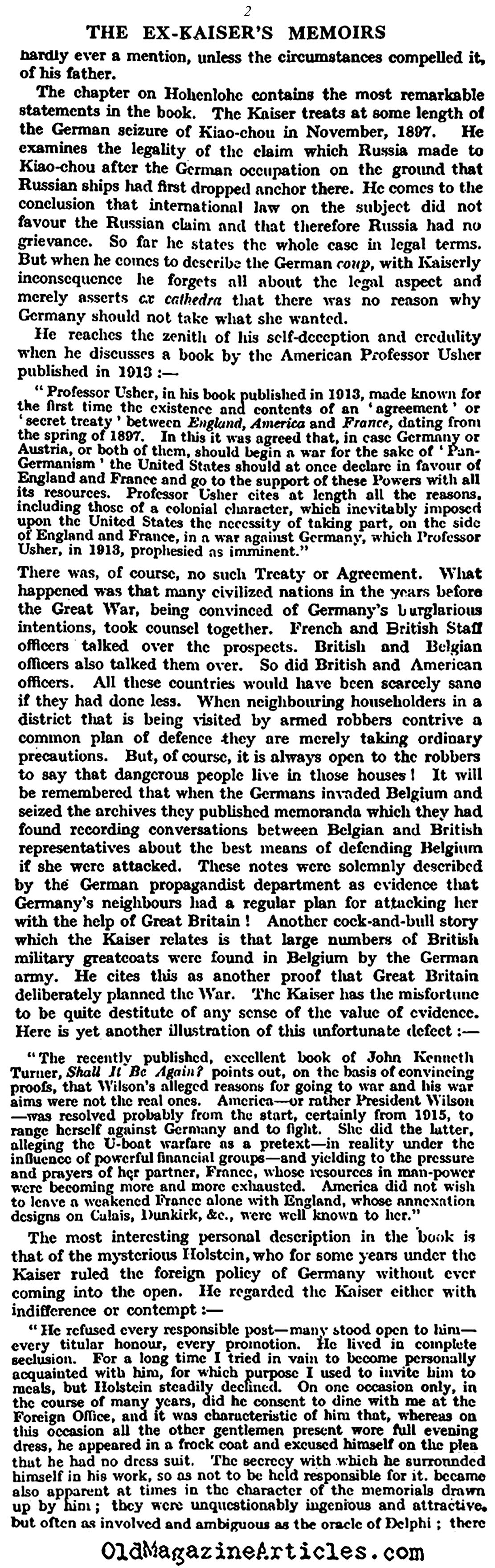  Review of Kaiser Welhelm's Memoir (The Spectator, 1922)